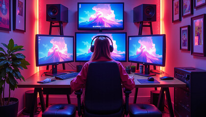 A young woman gaming at a multi-monitor setup in a vibrant, illuminated room