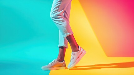 Person's legs in white sneakers and pants against a vibrant teal and orange background.