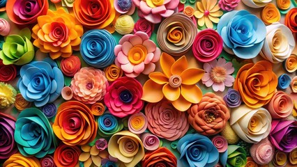 Vibrant floral background made of colorful paper roses in various shapes and sizes, floral arrangement, floral design