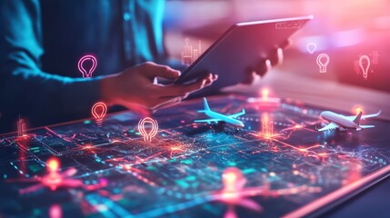 3D model of business travel, where a businessman is reviewing travel plans and itinerary on a digital tablet, with 3D icons of airplanes, maps, and locations displayed illustrations