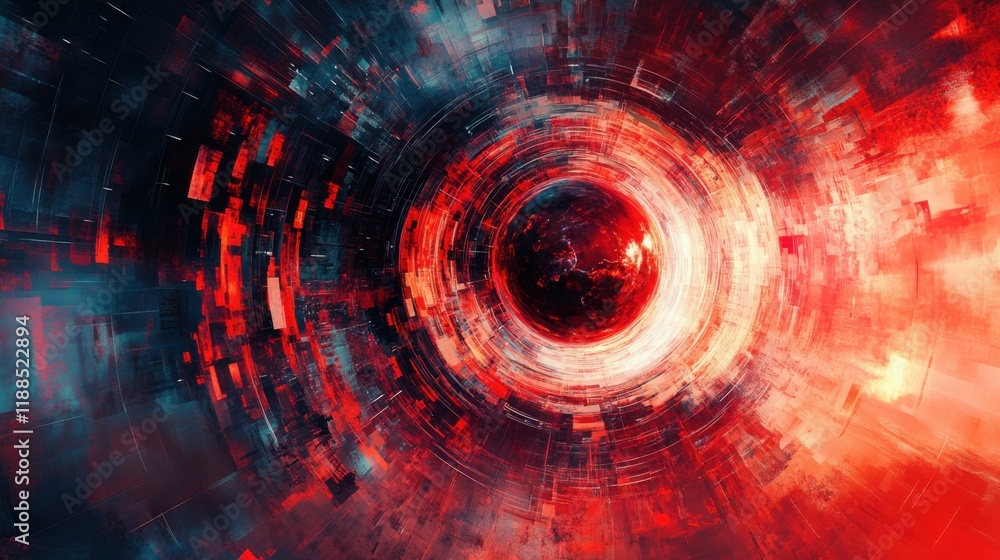 Poster abstract digital art of a vortex with illuminated swirls and circular patterns in shades of red, blu