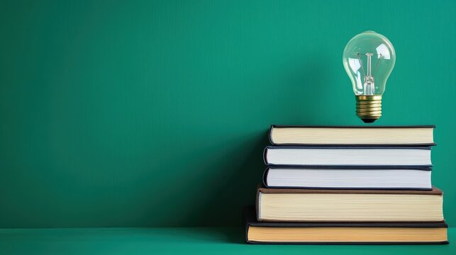 Educational insight glowing lightbulb over textbooks modern classroom learning environment inspirational concept