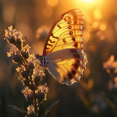 [Butterfly] Butterfly Perched on Feathery Flower Petals in Warm Sunlight