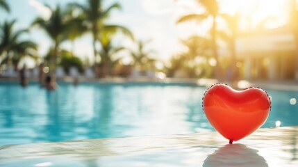 Valentine's Day in the tropics, hotel pool decorated with a red heart-shaped balloon
