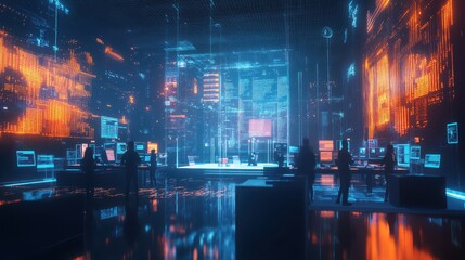 3D render of teamwork in a digital environment, where a team of business professionals works together using virtual tools to share ideas and analyze data in real-time illustrations