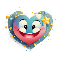 Fototapeta premium Heartfelt Joy: A playful and vibrant heart-shaped character, with wide eyes and a beaming smile, is adorned with sparkling stars and a golden star atop.