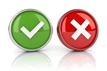 Check mark icon button set. Check box icon with right and wrong buttons and yes or no checkmark icons in green tick box and red cross. Isolated checkmark symbol, right and wrong sign concept.
