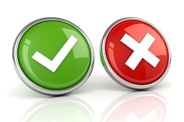Check mark icon button set. Check box icon with right and wrong buttons and yes or no checkmark icons in green tick box and red cross. Isolated checkmark symbol, right and wrong sign concept.
