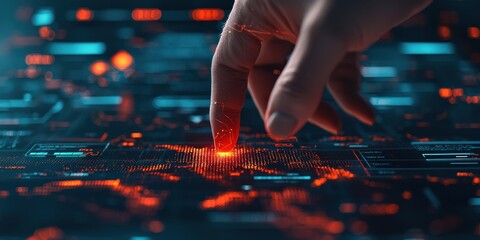 legislation policy enforcement concept. A hand touches a glowing digital interface, symbolizing technology and innovation.