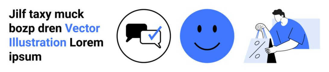 Person holding shopping bags, chat bubbles with checkmark, smiling face. Ideal for marketing, customer service, e-commerce, satisfaction, communication user feedback business themes. Landing page