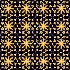 floral - black, yellow, pink - geometric batik vector illustration