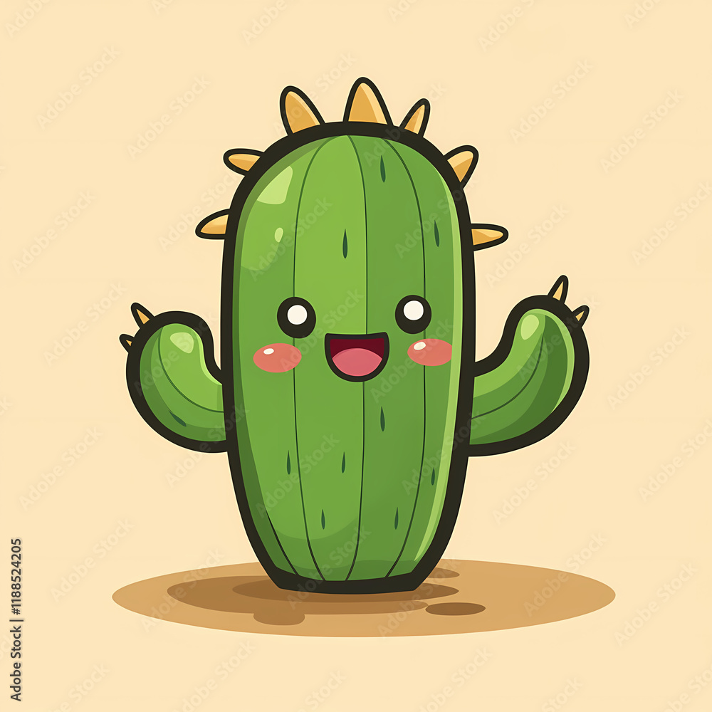 Poster cute cactus character celebrating with a joyful expression and playful arms in a soft background. ge