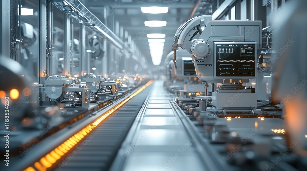 Poster futuristic factory assembly line: automation and robotics in modern manufacturing