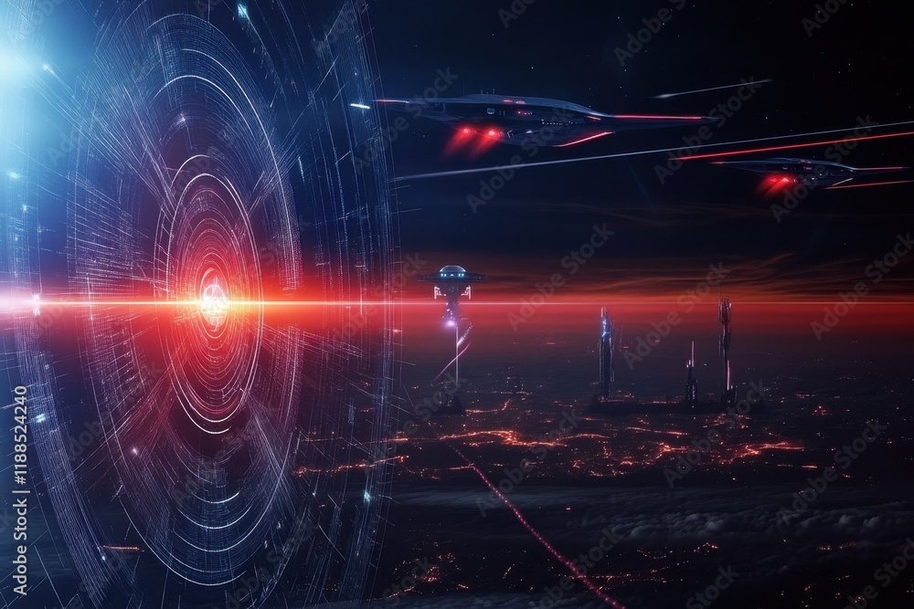 Aufkleber futuristic space scene with advanced technology and distant planets during twilight hours