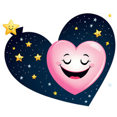 Naklejka premium Sleepy Heart Under Starry Sky: A whimsical and adorable illustration of a pink heart with a smiling face, sweetly slumbering beneath a starry sky. Its gentle smile radiates warmth and kindness.