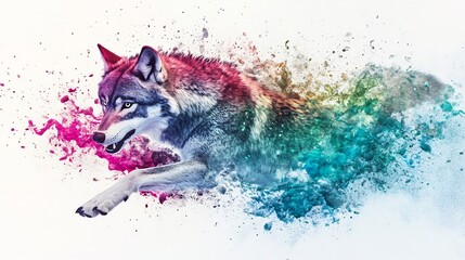 Rainbow Wolf in a Splash of Colors: A Vibrant Artistic Portrait