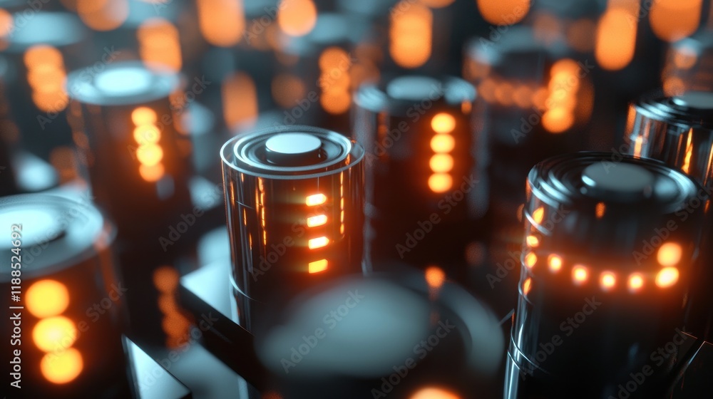 Poster abstract futuristic energy core array: glowing cylinders in a dark tech landscape