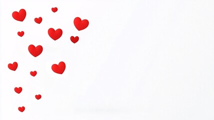 A collection of red hearts of varying sizes scattered across a white background