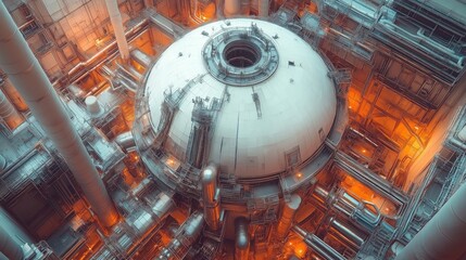 Obraz premium Close-up view of complex nuclear reactor dome. Control rods, cooling systems visible. Intricate piping, safety equipment present. Advanced tech, safety measures highlighted. Tech photo ideal for