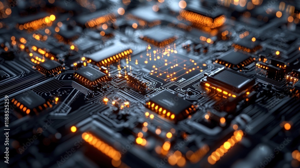 Poster illuminated circuit board: a close-up view of microchips and integrated circuits