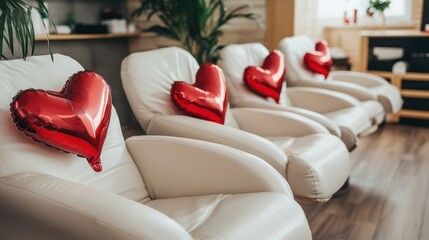 Valentine's Day offer at the wellness and spa salon, red heart-shaped balloon on the relaxing chairs in the pleasure zone