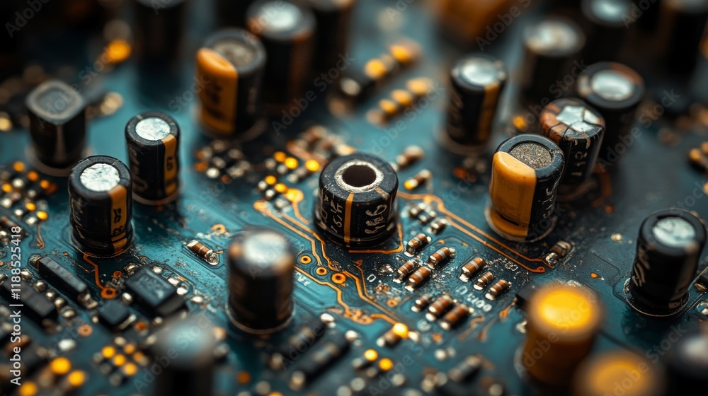 Poster close up detail of an intricate circuit board with various electrical components and connections, em
