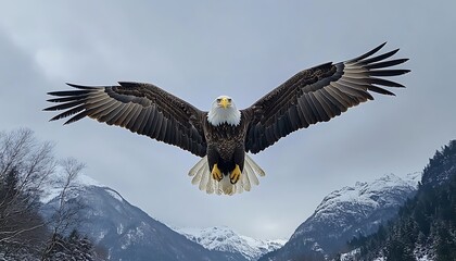 Obraz premium Majestic Bald Eagle in Flight Over Snowy Mountains