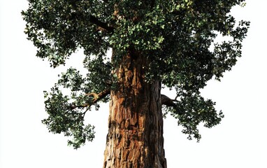 Fototapeta premium A towering redwood tree with a textured bark and leafy crown against a white backdrop