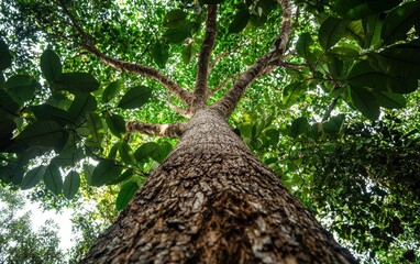 Naklejka premium A towering teak tree with a tall trunk and large, wide leaves on a white background