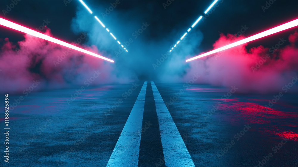 Poster a stark blue asphalt street dissolves into a neon-drenched studio with piercing spotlights and rolli
