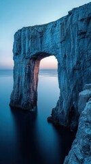 Majestic natural rock arch formation reflected in the still calm waters of the coastal landscape at dusk  This serene and dramatic scene evokes a sense of wonder mystery and the power of nature
