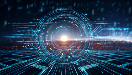 a mesmerizing digital landscape. Glowing blue lines and circles converge, creating a captivating optical illusion with a vibrant sunset in the distance