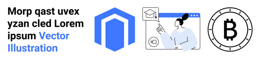 Blockchain symbol, academic instructor at a computer with headset, Bitcoin logo. Ideal for fintech, e-learning, cryptocurrencies, online courses, digital economy, blockchain education, tech startups