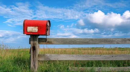Red mailbox on wooden post against blue sky and green field