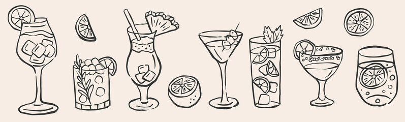 Cocktails alcoholic martini, aperol spritz in ink doodle style. Hand drawn collection of drink. Italian style wedding dinner icons. © Nastya