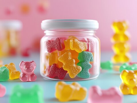 Colorful gummy bear candies in a jar on pastel background