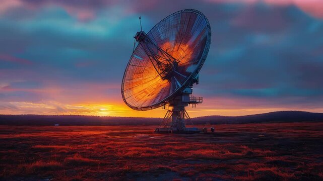 A large parabolic radio telescope antenna standing in an open field at sunset. The sky is painted in the bright colors of sunset &ndash; from orange and red to purple and blue.