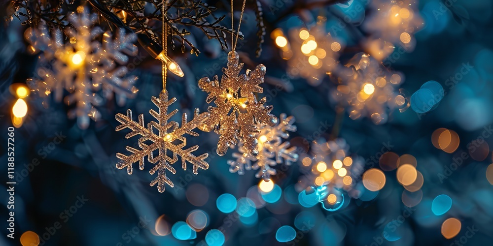 Aufkleber an overhead and an up-close picture of the outside snowflake ornaments sparkling at night on the tre