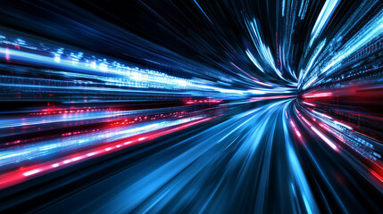 Fleeting motion blurs on a cold blue canvas evoke a mesmerizing technological realm, rich with abstract complexity and innovation.