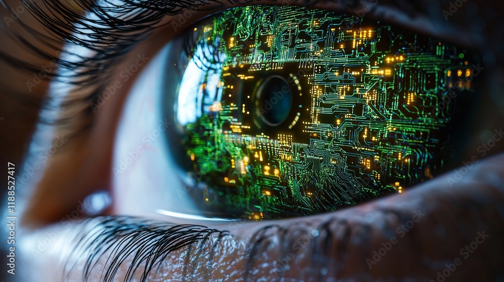 Aufkleber close-up of a human eye with a digital circuit board reflection.