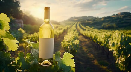 Fototapeta premium A white wine glass bottle in a vineyard, representing the role of grapes and wine production. Behind the bottle are green leaves and rolling hills. A white wine bottle mockup concept.