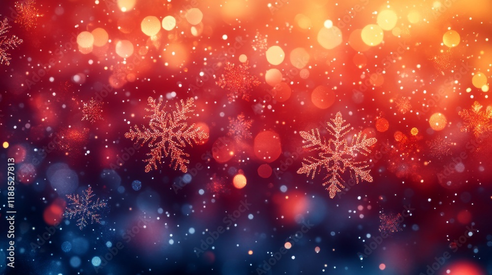 Poster a festive winter scene featuring shimmering snowflakes against a bokeh background with warm and cool