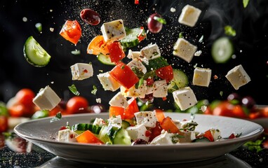 A vibrant Greek salad with floating feta cubes, olives, and cucumber slices above a white plate in mid-motion