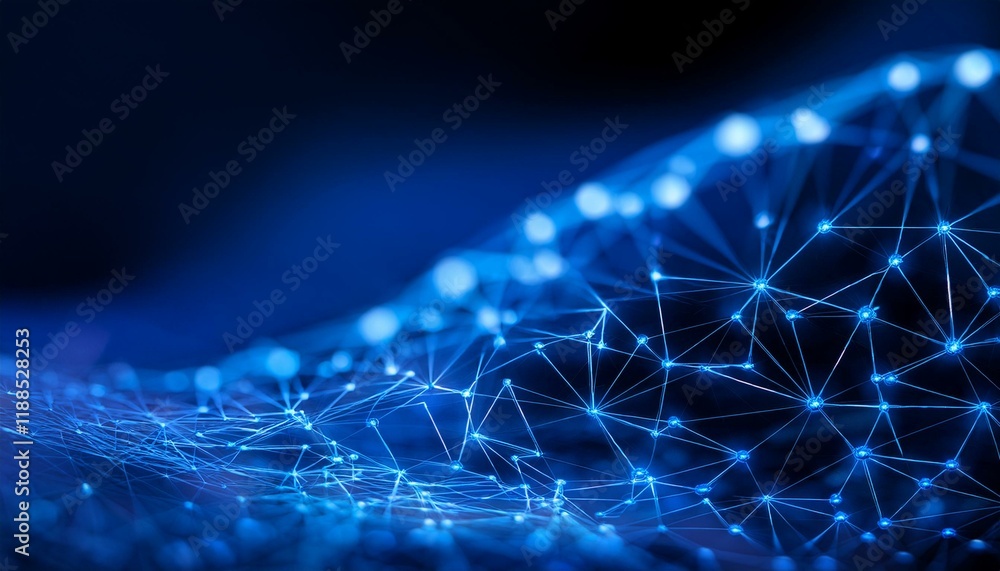 Poster an abstract pattern of glowing blue lines and dots forming a connected network on a dark blue backgr