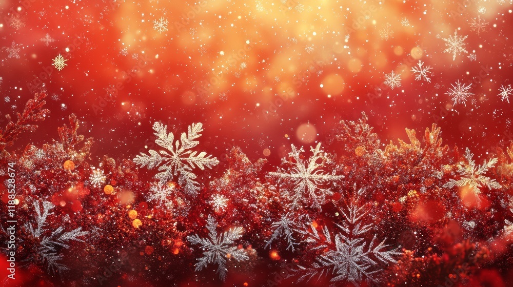 Poster a festive red winter scene with sparkling snowflakes and bokeh lights creating a magical holiday atm