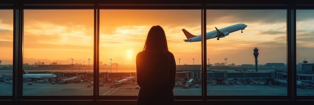 Traveler watches plane take-off at breathtaking sunset. Airport window view. Person at airport terminal. Plane departure moment. Scenic view. Adventure moment. Sunset scenery at aerodrome. Escape