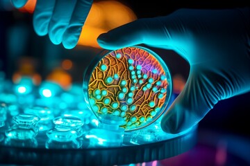 Close-up of a gloved hand inspecting a glowing petri dish under a microscope in a laboratory.