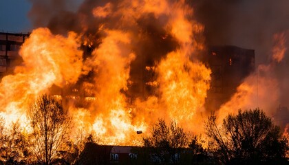 Fiery inferno engulfing a building at night