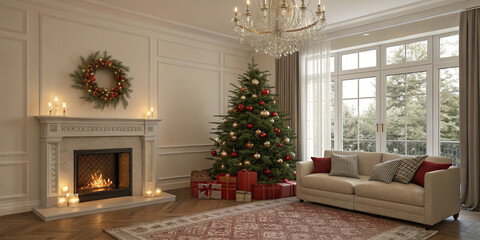 Fototapeta premium A Well-Lit Contemporary Living Room Featuring a Fireplace for Cozy Gatherings