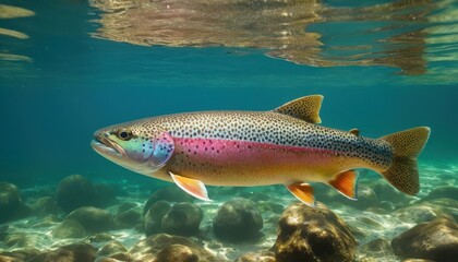 Naklejka premium Vivid close-up of a rainbow trout swimming in crystal-clear water. Its vibrant colors and delicate patterns create a stunning display of underwater beauty